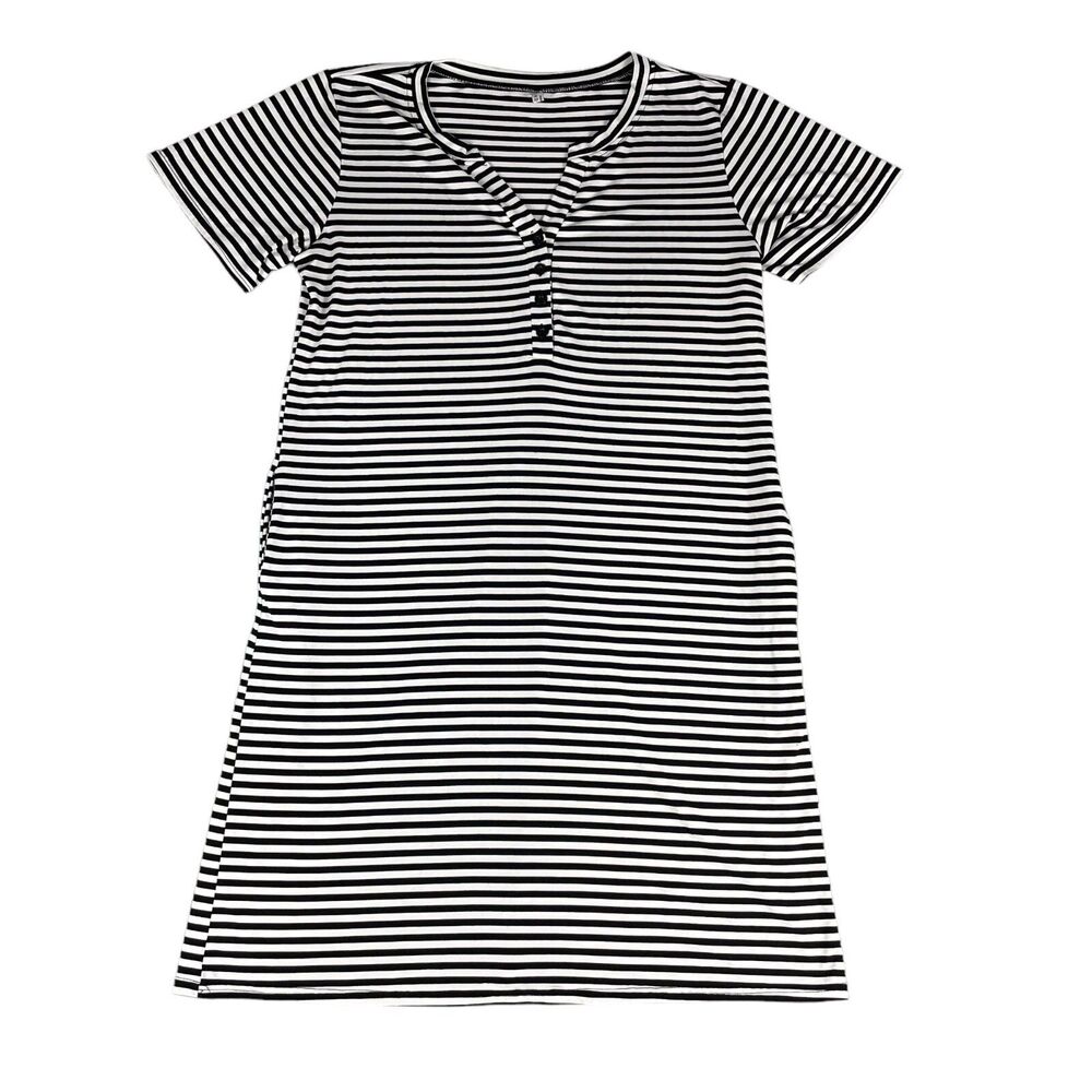 Ekouaer Dress Womens Medium Black White Shirt Striped V-Neck Short Sleeve Casual